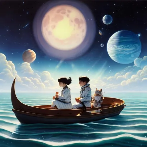 Prompt: Seymour Chwast, Alexandre Benois, Surreal, mysterious, strange, fantastical, fantasy, Sci-fi, Japanese anime, going down the Milky Way in a small boat, beautiful fairy girl on the moon, perfect body, starry sky, aurora, planets, space station, hyper detailed masterpiece 