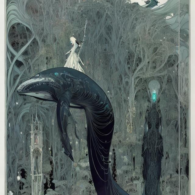 Prompt: Kay Nielsen, Harry Clarke, Heath Robinson, Mysterious Surreal Fantastic Fantasy Sci-Fi Fantasy Anime, Aerial Whale Walk, Miniskirt Beautiful Girl, perfect voluminous body, detailed masterpiece low angles high angles 