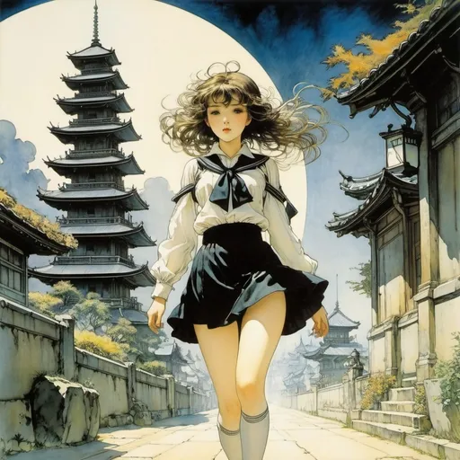 Prompt: Arthur Rackham, Joseph Sattler, Yoshitaka Amano, Charles Robinson, Bernhard Pankok, Surrealism Mysterious Weird Fantastic Fantasy Sci-Fi, Japanese Anime, Earth Observation Miniskirt Beautiful High School Girl Walking on the Meridian, perfect voluminous body, Crossing Borders, detailed masterpiece 