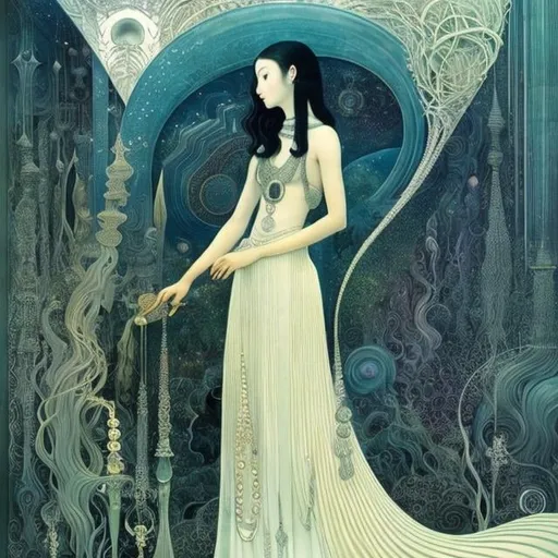 Prompt: Kay Nielsen, Ayang Cempaka, Mysterious, strange, surreal, bizarre, fantasy, Sci-fi, Japanese anime, the other side of Platonic solids, visualization of pitch and melody, beautiful girl, perfect voluminous body, detailed masterpiece 