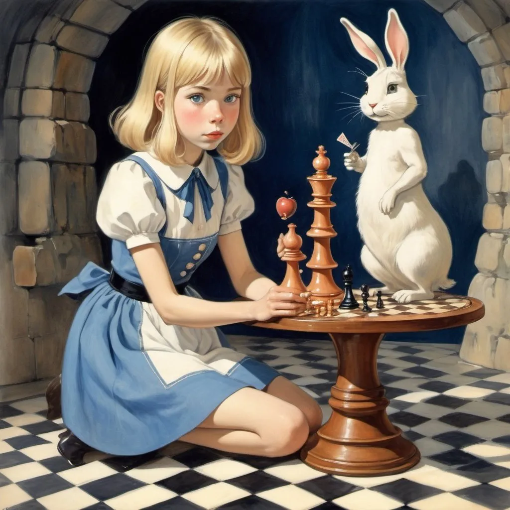 Prompt: Tove Jansson, Margaret Tarrant, Surreal, mysterious, bizarre, fantastical, fantasy, Sci-fi, Japanese anime, chess tower, beautiful blonde miniskirt girl Alice, perfect voluminous body, looking for a tea party, a rabbit walking on two legs wearing clothes, detailed masterpiece 