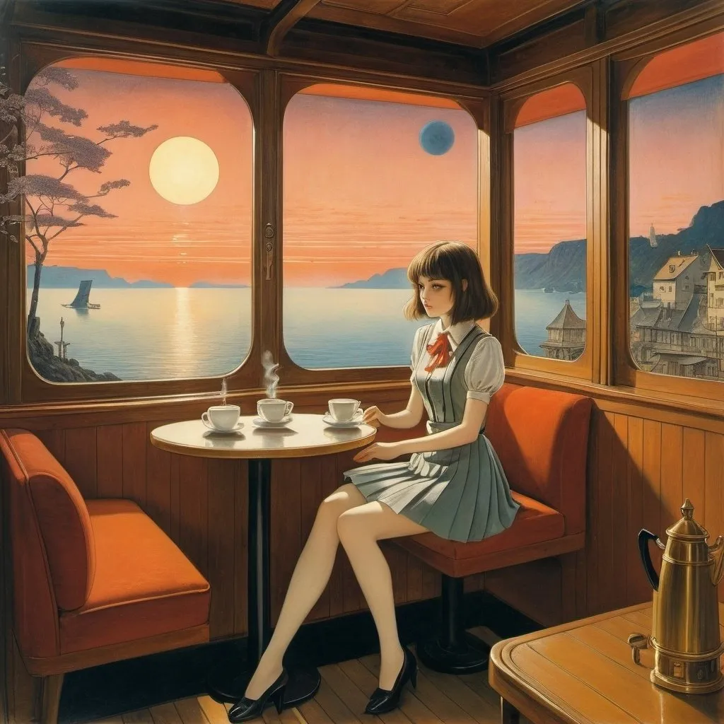 Prompt: Alfred Roller, Maxwell Armfield, Alfred Kubin full colours, Inger Edelfeldt, Anna Friberger, Surrealism Mysterious Weird Fantastic Fantasy Sci-Fi, Japanese Anime, Miniskirt Beautiful Girl Floating in Morning Coffee, perfect voluminous body, Caffeine Intake Cafe at Dawn, detailed masterpiece 