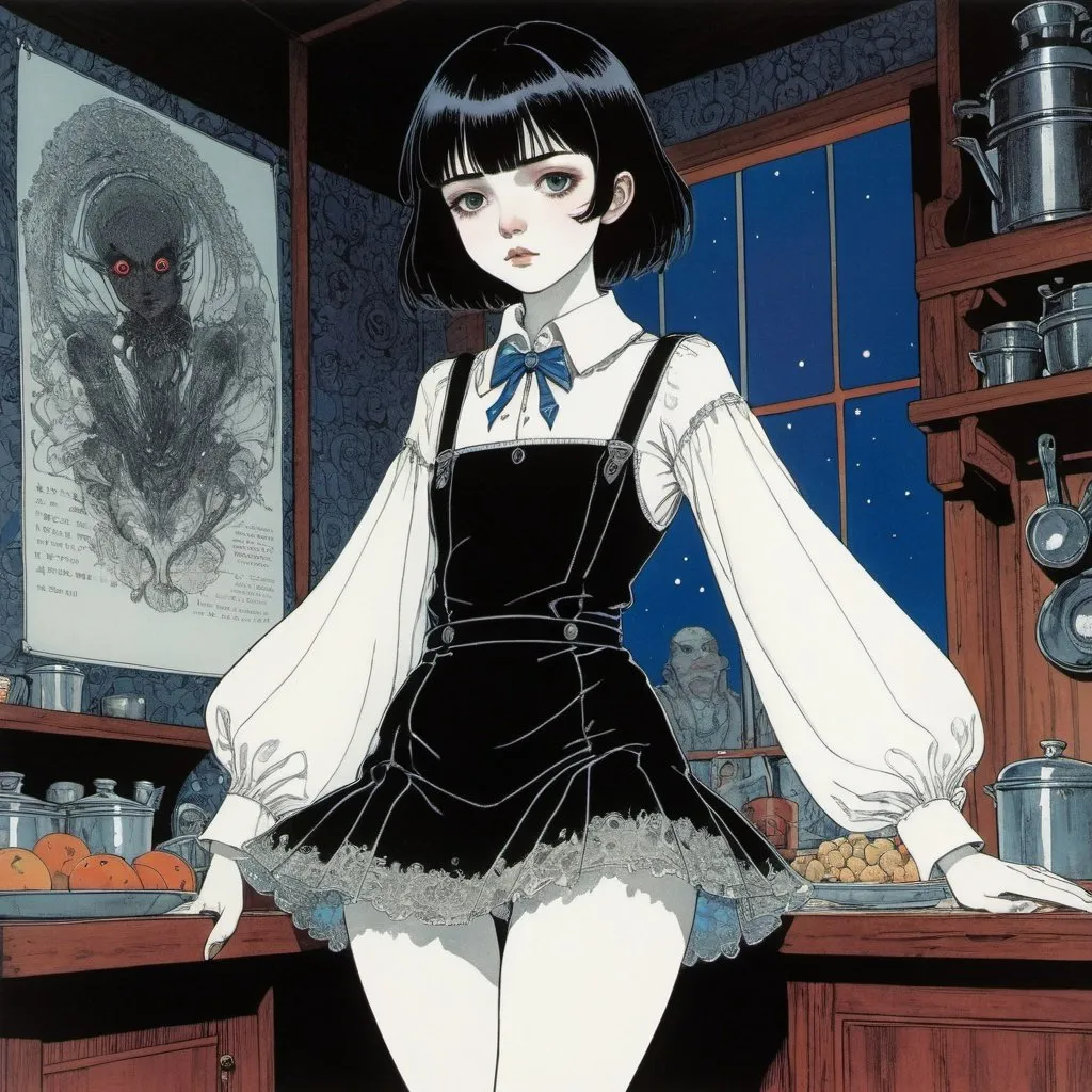 Prompt: Harry Clarke, Maurice Sendak, Antonio Lupatelli, Surreal, mysterious, strange, fantastical, fantasy, Sci-fi, Japanese anime, Fairyland conspiracy, Midnight Meets Kitchen, miniskirt beautiful high school girl, perfect voluminous body, short hair, boyish, dynamic pose, detailed masterpiece 