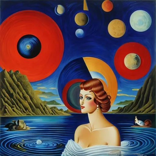 Prompt: Francis Picabia, Margaret Tarrant, Surreal, mysterious, bizarre, fantastical, fantasy, Sci-fi, Japanese anime, a wall standing between here and there, a beautiful blonde girl in a miniskirt walking on the wall, Alice with a cat, a group of planets rotating around, top and bottom, right and left, morning and night, detailed masterpiece depth of field cinematic lighting 