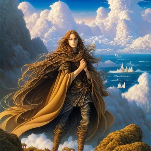 Prompt: Terese Nielsen, Anton Pieck, Surreal, mysterious, strange, fantastical, fantasy, Sci-fi, Japanese anime, ship sailing in the sky, sea of ​​clouds, miniskirt beautiful captain, perfect voluminous body, flock of migratory birds, detailed masterpiece 