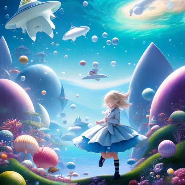 Prompt: Margaret Tarrant, daisukerichard, Surreal, mysterious, bizarre, fantastical, fantasy, Sci-fi, Japanese anime, sea of ​​melon soda, lots of bubbles, spaceship taking off, beautiful blonde miniskirt girl Alice chasing a running penguin, perfect voluminous body, detailed masterpiece 