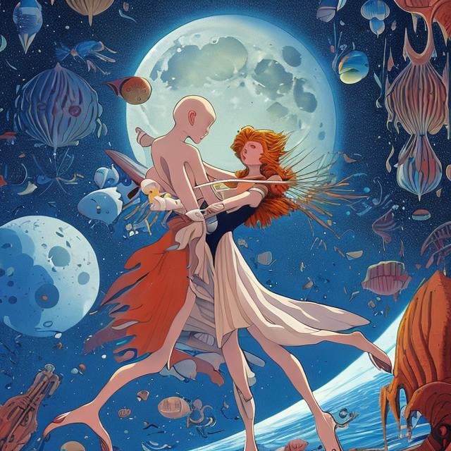 Prompt: Georges Lepape, Anne Anderson, Margaret Tarrant, Kenji Tsuruta, surreal, strange, weird, sci-fi fantasy, fantastic, astronomical reflector telescope, moon sinking under ocean, hot house, solo girl playing violin, hyperdetailed high definition high resolution high quality masterpiece very tight small short dress