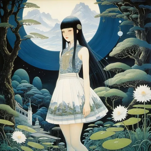 Prompt: Kay Nielsen, Liam Sharp, Surreal, mysterious, strange, fantastic, fantasy, Sci-fi, Japanese anime, beautiful garden, power of shapes, reintegration of the world through metaphor, creating a space in a painting, a beautiful high school girl in a miniskirt, perfect voluminous body, detailed masterpiece 