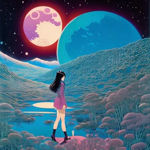 Prompt: Dugald Stewart Walker, Kiyoko Arai, Mysterious, strange, surreal, bizarre, fantasy, Sci-fi, Japanese anime, Bicycle trip of a beautiful girl in a miniskirt, perfect voluminous body, Around the world on the moon, detailed masterpiece 