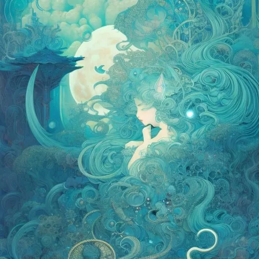 Prompt: James Jean, Kay Nielsen, Japanese Anime Surreal Mysterious Bizarre Sci-fi Fantasy Library Overflowing Moonlight, a Girl, a Cat, hyperdetailed high resolution high definition high quality masterpiece