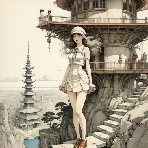 Prompt: Alexander Sharpe Ross, Heath Robinson, Surreal, mysterious, strange, fantastical, fantasy, Sci-fi, Japanese anime, distorted tower, architectural drawing, beautiful girl in a miniskirt on paper, perfect voluminous body, the flow of time, detailed masterpiece 