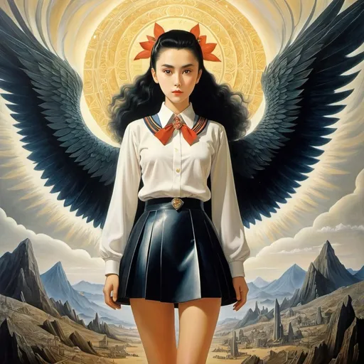 Prompt: Leonora Carrington, Takeo Takei, Eduardo García Benito, Surreal, mysterious, strange, fantastical, fantasy, Sci-fi, Japanese anime, phoenix in the diamond, ore collector's miniskirt beautiful girl, perfect voluminous body, specimen classroom, detailed masterpiece 