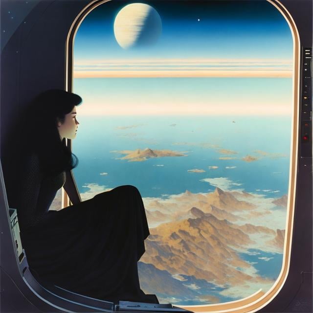 Prompt: Vincent Di Fate, Élisabeth Sonrel, Surreal mysterious strange fantasy SCI-FI, Japanese Anime,  miniskirt Beautiful Girl looking out from the Window of the Space Station, detailed masterpiece 