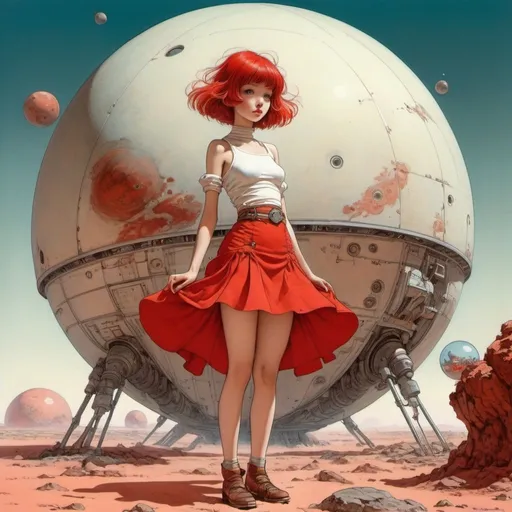 Prompt: Heath Robinson, Mathieu Lauffray, Surreal, mysterious, strange, fantastical, fantasy, Sci-fi, Japanese anime, universe in the palm of your hand, red planet, miniskirt beautiful girl, perfect voluminous body, detailed masterpiece 