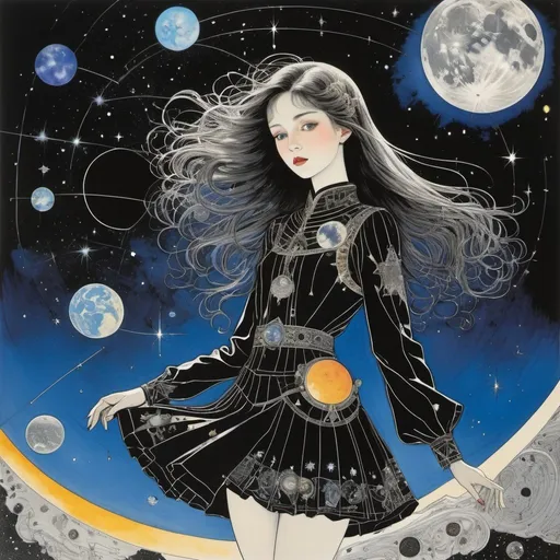 Prompt: Harry Clarke, Simon Bisley, Surreal, mysterious, bizarre, fantastical, fantasy, Sci-fi, Japanese anime, astronomy and space all around us, the sun, moon, constellations, meteorites, black holes, aliens, horoscopes, beautiful girl in miniskirt astronomical observation, perfect voluminous body, satellite orbit, detailed masterpiece 