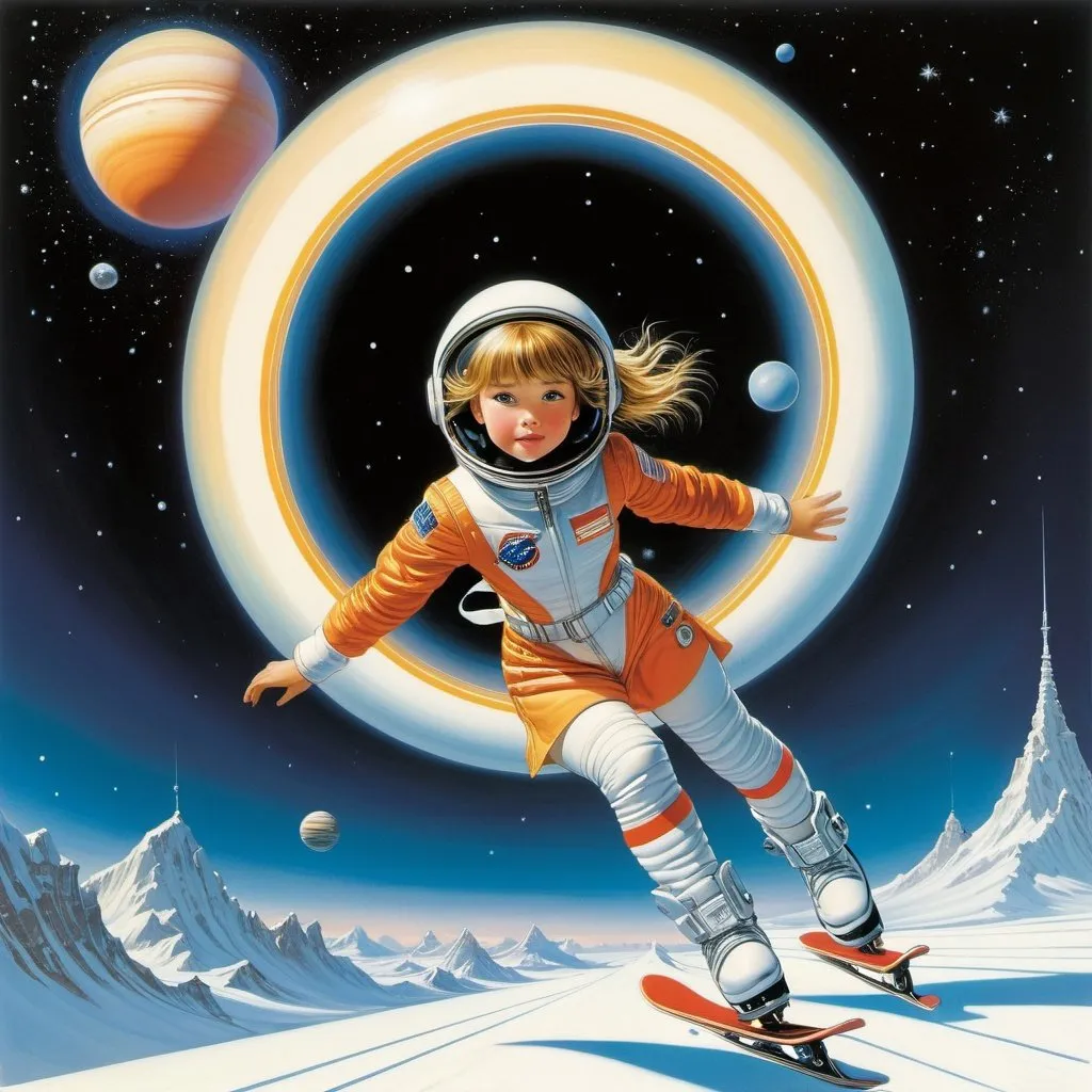 Prompt: Johannes Gehrts, Peter Elson, Tony DiTerlizzi, Surrealism, mysterious, bizarre, fantastical, fantasy, Sci-fi, Japanese anime, Saturn's rings are a skating rink, a beautiful girl in a space suit glides dashingly, perfect voluminous body, a sense of dynamism, detailed masterpiece 