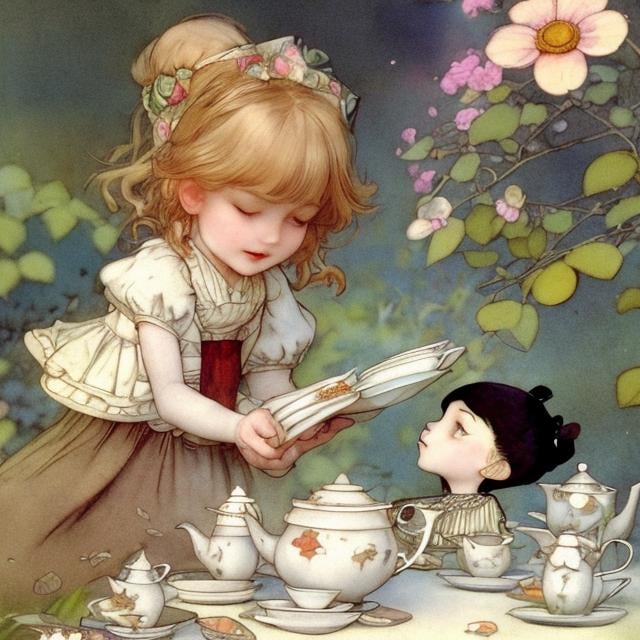 Prompt: Kate Greenaway,  Jessie Willcox Smith, Heikala, Alice in wonderland, blonde girl, having tea, hyper detailed, high resolution, high definition, high quality, masterpiece, Japanese anime, manga lines, realistic 
