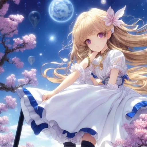 Prompt: Adolphe Willette, Naoko Takeuchi, Surreal, mysterious, strange, fantastical, fantasy, sci-fi, Japanese anime, giant lenses, reflectors, and optical paths, beautiful blonde miniskirt girl Alice who gets lost, perfect voluminous body, detailed masterpiece sharp focus 