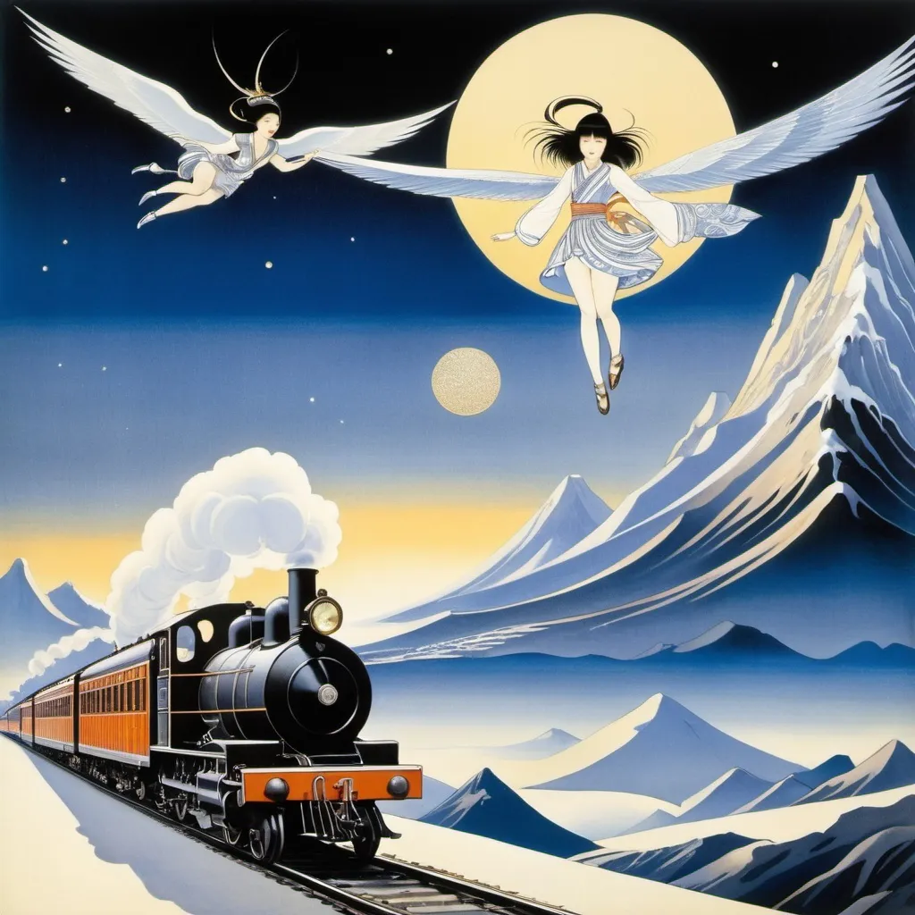 Prompt: Kay Nielsen, Séverine Pineaux, Nicholas Roerich, Kyoko Ariyoshi, Surrealism, Mysterious, Weird, Outlandish, Fantasy, Sci-Fi, Japanese Anime, Terminal of Memory, Locomotives departing carrying dreams and memories, A mini-skirt beautiful high school girl's journey to find her past, dynamic action poses, perfect voluminous body, detailed masterpiece 