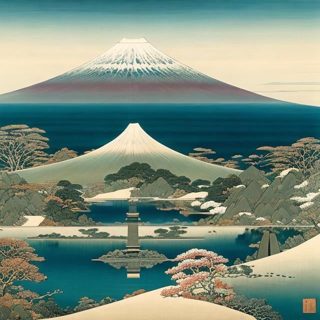 Prompt: Richard Dadd, Hokusai, Surreal, mysterious, strange, fantastical, fantasy, Sci-fi, Japanese anime, elliptic curved surface, power and authority, sacred and profane, art and religion, elliptical Japan, Mt. Fuji and national style, national structure, detailed masterpiece 