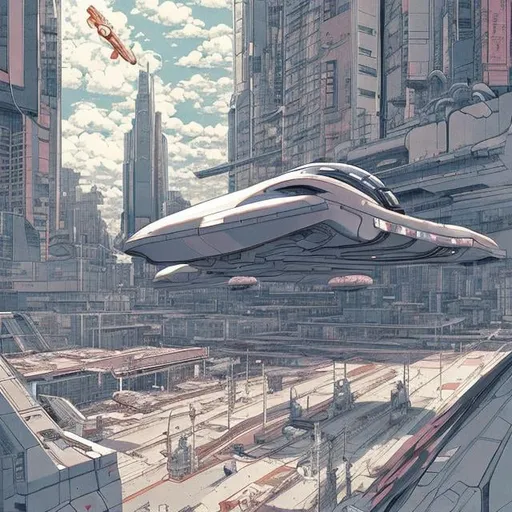 Prompt: Katsuhiro Otomo style, cityscape, spaceship landing, girl waiting on the ground