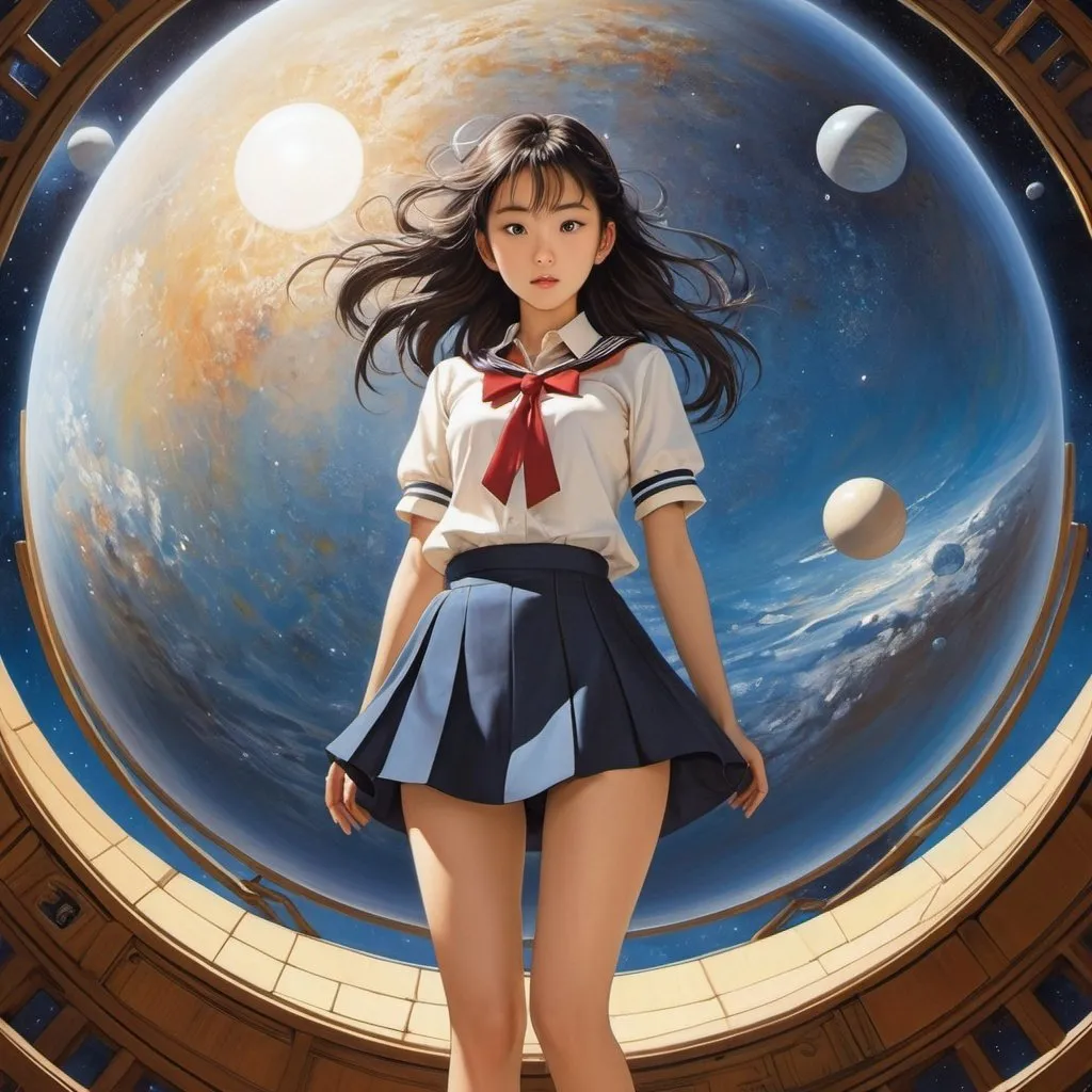 Prompt: Takeo Takei, Max Velthuijs, Thé Tjong-Khing, Charlotte Dematons, Erik Kriek, Charles Robinson, Surrealism, wonder, strange, bizarre, fantasy, Sci-fi, Japanese anime, labyrinth in a box, spherical astronomy, equatorial coordinates and miniskirt beautiful high school girl, perfect voluminous body, diurnal movement, detailed masterpiece 