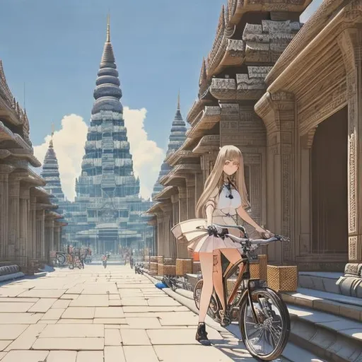 Prompt: Charles Robinson, Katsuhiro Otomo, Japanese anime mysterious strange bizarre surreal sci-fi fantasy miniskirt high school girl bicycle trip Angkor Wat, hyperdetailed high resolution high definition high quality masterpiece