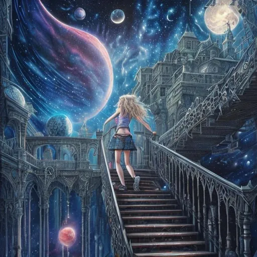 Prompt: John Stephens style, huge moon over sky, endless stair seems to reach to the moon, see galaxy in background, girl climbing stair, sci-fi, fantasy, anime, hand drawn water colour feel, surreal