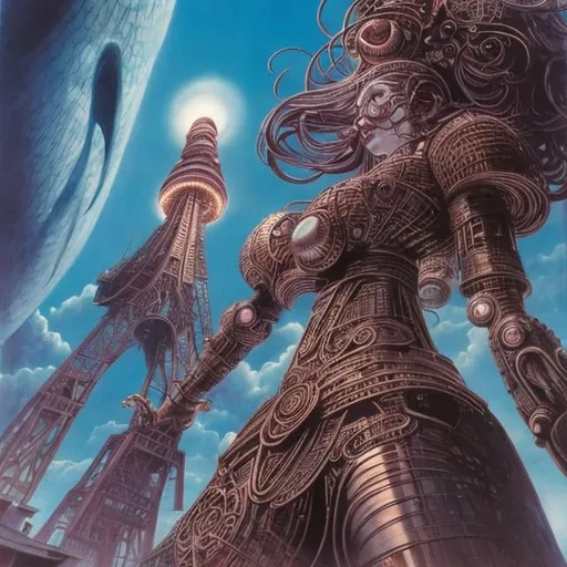 Prompt: Fritz Baumgarten, Philippe Druillet, Surreal, mysterious, strange, fantastical, fantasy, Sci-fi, Japanese anime, Tokyo Tower, blue whale swimming in the sky, beautiful girl in a miniskirt looking up, perfect voluminous body, detailed masterpiece wide angles