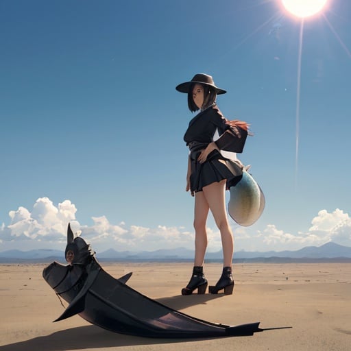 Prompt: Rébecca Dautremer, Keiko Takemiya, Surreal, mysterious, strange, fantastical, fantasy, Sci-fi, Japanese anime, fisherman in the air, decomposing sun, sea desert, miniskirt beautiful girl, perfect voluminous body, detailed MAs 