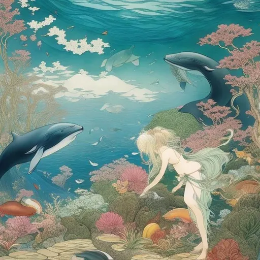 Prompt: Walter Crane, Koyoharu Gotouge, Mysterious, strange, surreal, bizarre, fantasy, Sci-fi, Japanese anime, Whale in a goldfish bowl, Alice, a beautiful blonde miniskirt girl talking to a whale, perfect voluminous body, detailed masterpiece 