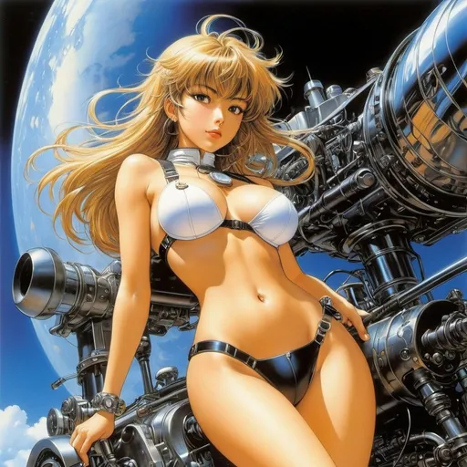Prompt: Naoyuki Kato, Masamune Shirow, Surreal, mysterious, strange, fantastical, fantasy, sci fi, Japanese anime, the driving force of the soul, the heartbeat of the engine echoing, machines, languages, and the world, beautiful girl perfect voluminous body, detailed masterpiece 