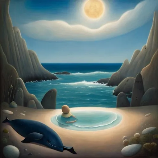 Prompt: Leonora Carrington,  Mabel Lucie Attwell, moon sleeping in basement, a girl wondering looking for her fate, whale beach, orb, detailed, high quality, high resolution, high definition, masterpiece 