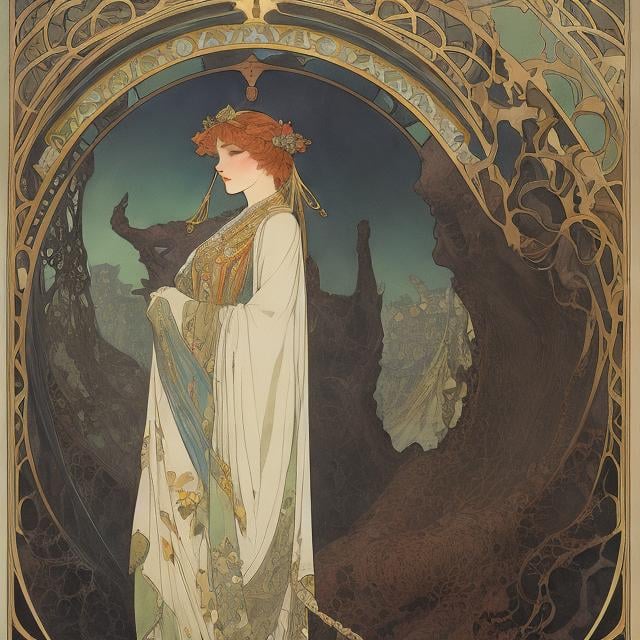 Prompt: Kate Greenaway, Alphonse Mucha, Maurice Sendak, Japanese Anime, unravel six hanks star of the dark night absorbed by its abyss, and led into the afterlife, detailed, high resolution definition quality masterpiece 