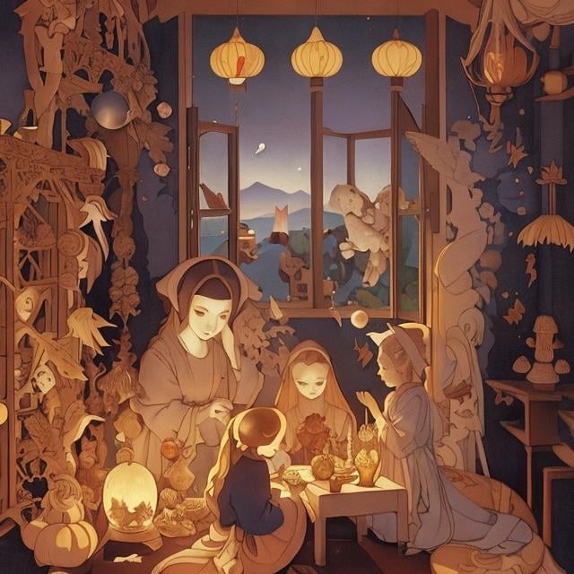 Prompt: Michael Parkes, Nicholas Roerich, Sibylle von Olfers, Japanese anime, manga lines, rocket in basement, microcosm of child’s room, summer turning autumn, candle, hyperdetailed high resolution high quality high definition masterpiece 