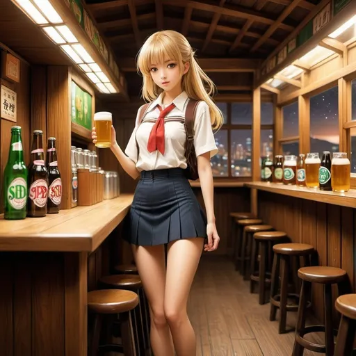 Prompt: Anne Anderson, Filippo De Pisis, Surreal, mysterious, strange, fantastical, fantasy, Sci-fi, Japanese anime, wooden school building, beer in small bottles, late night town, soba lover, subway, nostalgia, miniskirt beautiful girl, perfect voluminous body, detailed masterpiece 