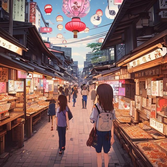 Prompt: , best quality, ultra-detailed, illustration, omatsuri, food stand, 1girl, beautiful eyes, looking at viewer from behind, cowboy shot, looking back, yukata, tree, outdoors,road, walking, crowd, night, lantern, festival, food, pavement, crosswalk, paper lantern, lamppost, brown hair, night sky,