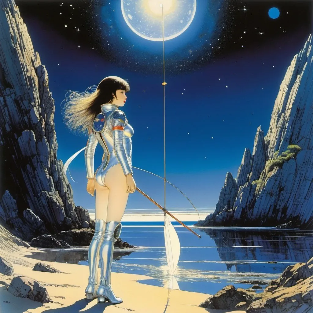 Prompt: Harry Clarke, Hajime Sorayama, Naoyuki Kato, Masamune Shirow, Zinaida Serebriakova, Surrealism, strange, bizarre, fantastical, fantasy, Sci-fi, Japanese anime, on the shores of the galaxy, a beautiful girl in a space suit, perfect voluminous body, pole-and-line fishing for a comet, detailed masterpiece 