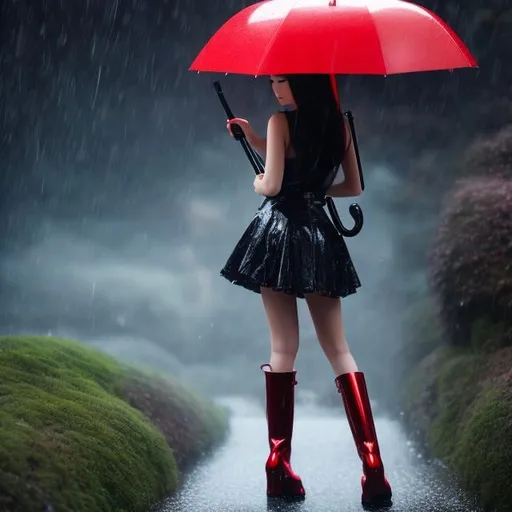 Prompt: Louis Lozowick, Keith Parkinson, Surreal, mysterious, strange, fantastical, fantasy, sci-fi, Japanese anime, rain of memories falls, a beautiful girl in a miniskirt with red rain boots and an umbrella, perfect voluminous body, detailed masterpiece 