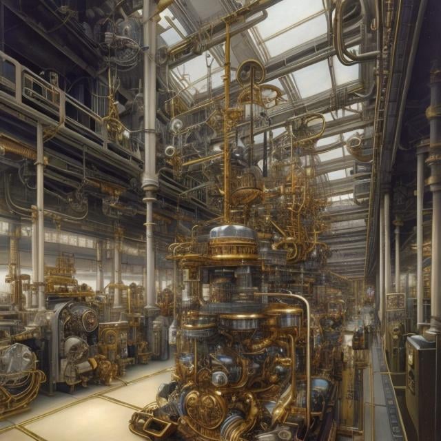 Prompt: Jim Burns,  Albert Robida, Japanese Anime, surreal, realistic, weird, hyper detailed, sci-fi, fantasy, realistic, Temporal Orrery, Mecha-loving high school girl, in the factory, under repair