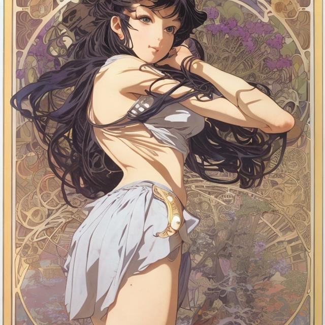 Prompt: Masamune Shirow, Alphonse mucha, Surreal, mysterious, strange, fantastical, fantasy, Sci-fi, Japanese anime, diversity in the basic structure of the universe, Celestial Cage, beautiful high school girl in miniskirt, perfect voluminous body, detailed masterpiece 