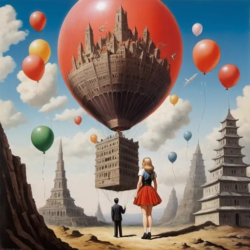 Prompt: José Antonio Suárez Londoño, Anna Gibb, Roberto Weil, Carlo Stanga, Eileen Aldridge, Surrealism, mysterious, bizarre, fantastical, fantasy, Sci-fi, Japanese anime, balloons are carried away one after another across a square cut out of the earth, the Tower of Babel seems to reach all the way to the stratosphere, a beautiful high school girl in a miniskirt, perfect voluminous body, detailed masterpiece low high angles perspectives 