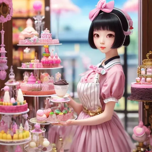 Prompt: Arina Tanemura, Cocoa Fujiwara, Kay Nielsen, surreal, mysterious, strange, bizarre, fantasy, Sci-fi, Japanese anime, android miniskirt beautiful maid, short hair, boyish, perfect voluminous body Preparing tea, shopping for sweets, maid confused about which one to choose, all looks good, at sweets shop, hyper detailed masterpiece 