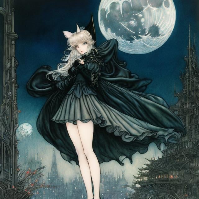 Prompt: Frank Milker, Arthur Rackham, colour drawing Surreal, mysterious, bizarre, fantastical, fantasy, Sci-fi, Japanese anime, beautiful miniskirt vampire queen in a sailor suit, short black hair, cute face, walking the streets of Tokyo at night with her black dog, a huge moon, hyper detailed masterpiece high resolution definition quality 