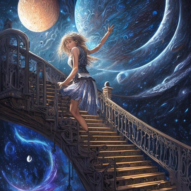 Prompt: John Stephens style, huge moon over sky, endless stair seems to reach to the moon, see galaxy in background, girl climbing stair, sci-fi, fantasy, anime,