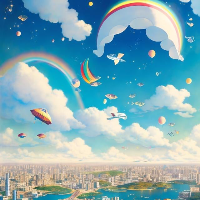 Prompt: Kate Greenaway,  Jessie Willcox Smith, Heikala, Tokyo future scape, blue sky with some clouds, flying cars, floating gold fishes, Japanese high school girl, looking up at  rainbow, beautiful face dark hair, hyper detailed, high resolution, high definition, high quality, masterpiece, Japanese anime, manga lines, realistic 
