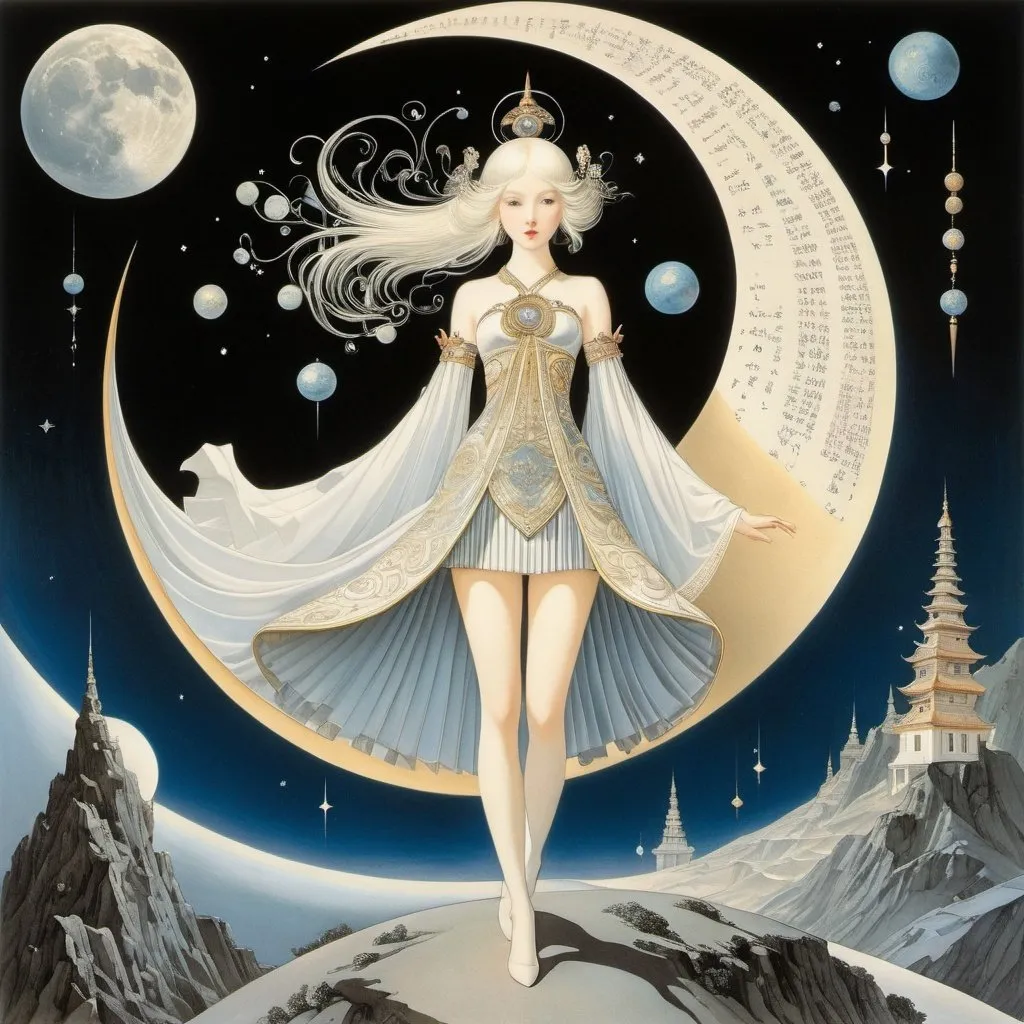 Prompt: Kay Nielsen, Dušan Kállay, Sándor Bortnyik, Gyula Batthyány, Ernst Kreidolf, Johannes Hendrikus Moesman, Surrealism, wonder, strange, fantastical, fantasy, Sci-fi, Japanese anime, mini-skirt beautiful girl goddess visualizes the world through mathematics, perfect voluminous body, the turning moon, Pythagoras' counter-Earth, detailed masterpiece 