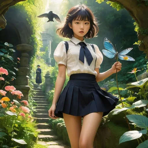 Prompt: Louis Moe Full colours, Irene Hedlund, Ib Spang Olsen, Takako Hirai, Surrealism Mysterious Weird Fantastic Fantasy Sci-fi, Japanese Anime, Beyond the Secret Garden Miniskirt Beautiful Girl Dark Muse, perfect voluminous body, Digging up the little angel, detailed masterpiec 