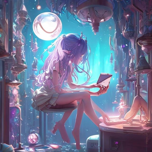 Prompt: animesque　wondrous　strange　Whimsical　surreal　fanciful　Sci-Fi Fantasy　beauty girl　Study room at home　a girl looking at her smartphone floating in the air about 50 cm above the floor