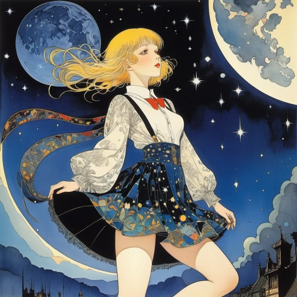 Prompt: Harry Clarke, William Blake, Suzanne Duchamp, Katsuhiro Otomo, Mabel Attwell, Surrealism, wonder, strange, bizarre, fantasy, Sci-fi, Japanese anime, optical planetarium in the attic, beautiful girl in a miniskirt creating the night sky, perfect voluminous body, detailed masterpiece coquettish perspectives low high angles 